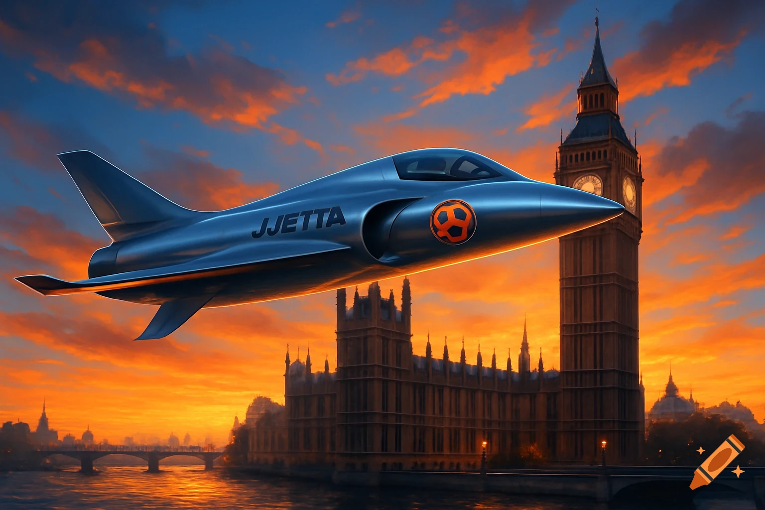 A blue jet with 'JJETTA' and a football logo flies past Big Ben and the London skyline at sunset, above the River Thames. Digital art.