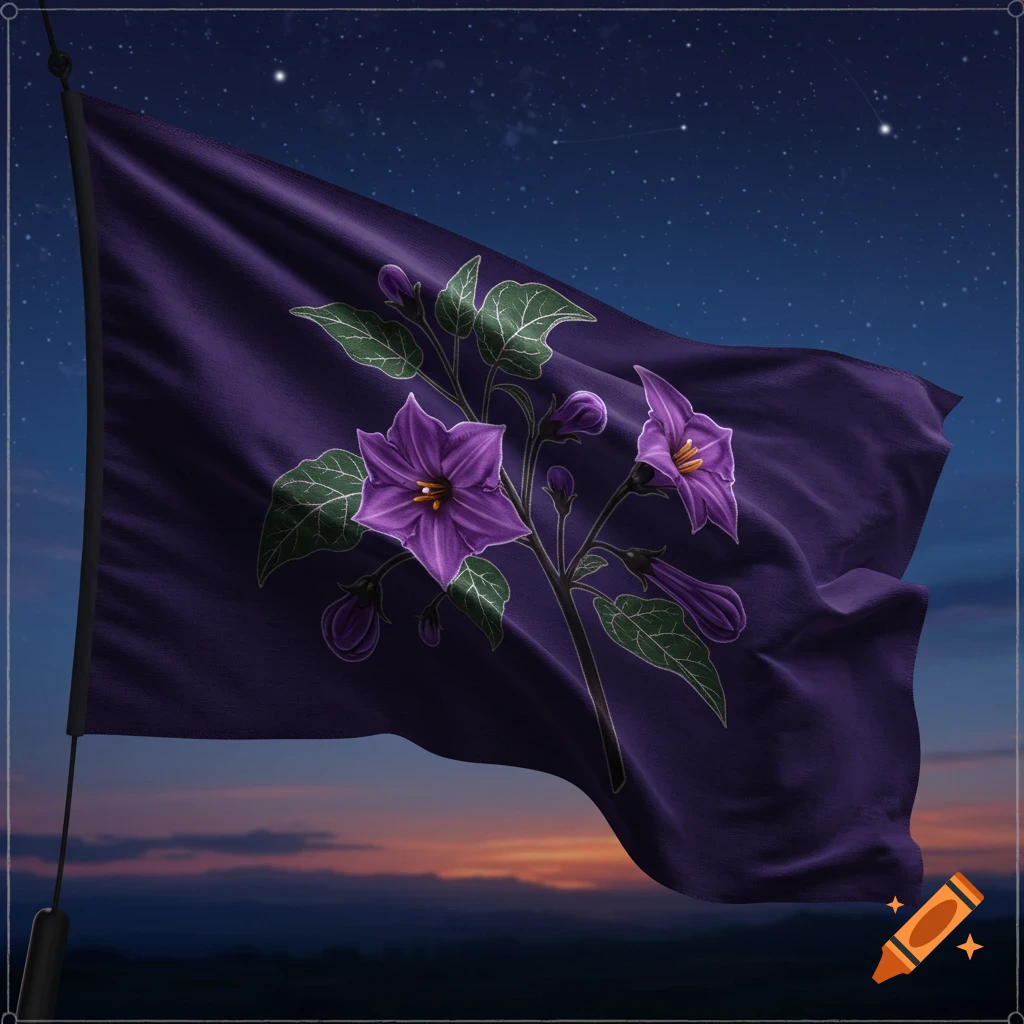 Dark purple flag with a detailed nightshade flower illustration (purple blossoms, green leaves) against a starry night sky with a sunset horizon.