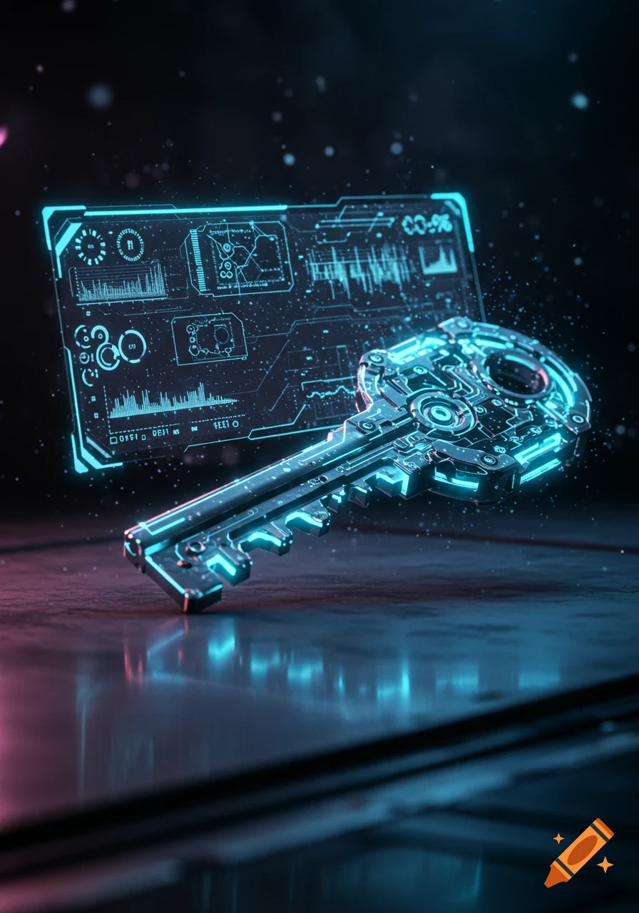 A glowing, circuit-board-like futuristic key in front of a neon blue holographic data display on a reflective dark surface.