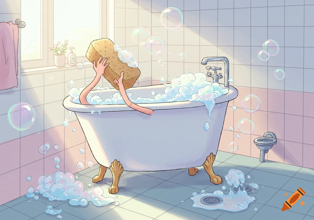 Whimsical cartoon illustration of two arms emerging from a bubble-filled bathtub, holding a large sponge in a bright bathroom.