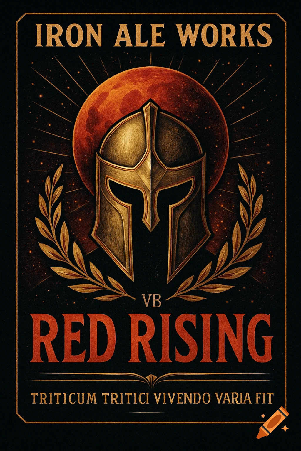 A beer label for 'Iron Ale Works Red Rising' featuring a golden helmet, a red moon, and a laurel wreath against a starry background.