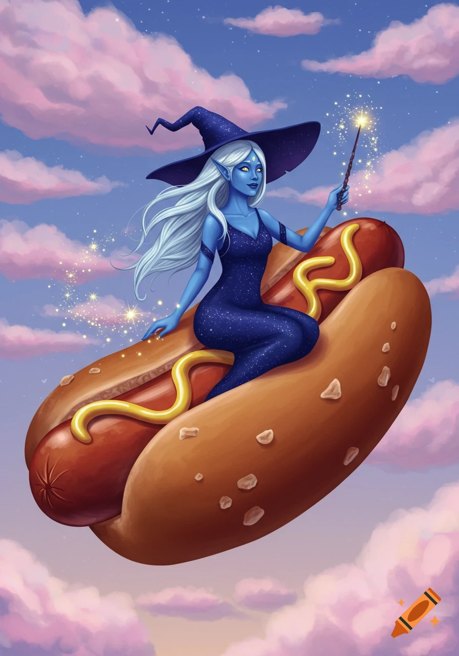 A blue-skinned witch with white hair and a pointy hat rides a flying hotdog with mustard through a pink and blue sky, casting a magic spell.