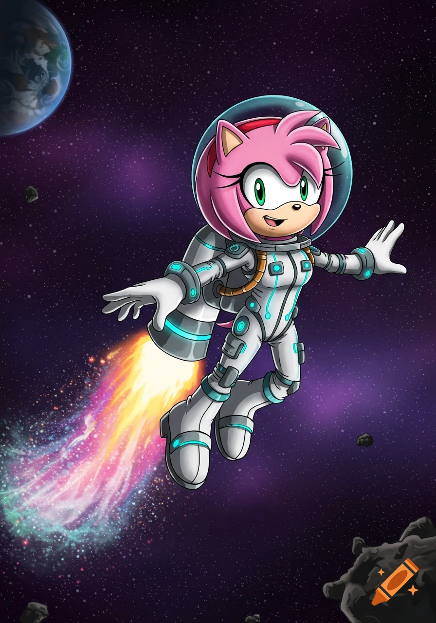 Cartoon Amy Rose in a white spacesuit, flying through a starry space with a jetpack. A planet and asteroids are in the background.