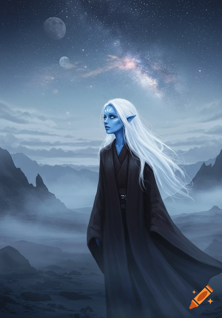 A blue-skinned woman with white hair and pointed ears wearing dark robes stands in a misty alien landscape under a starry night sky with two moons and the Milky Way.