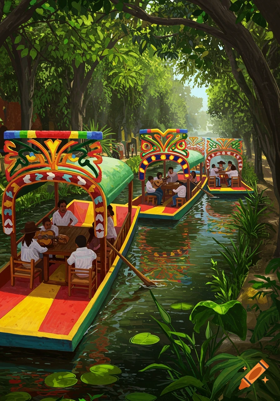 Vibrant drawing of colorful trajineras with people on a lush green canal in Xochimilco, Mexico.