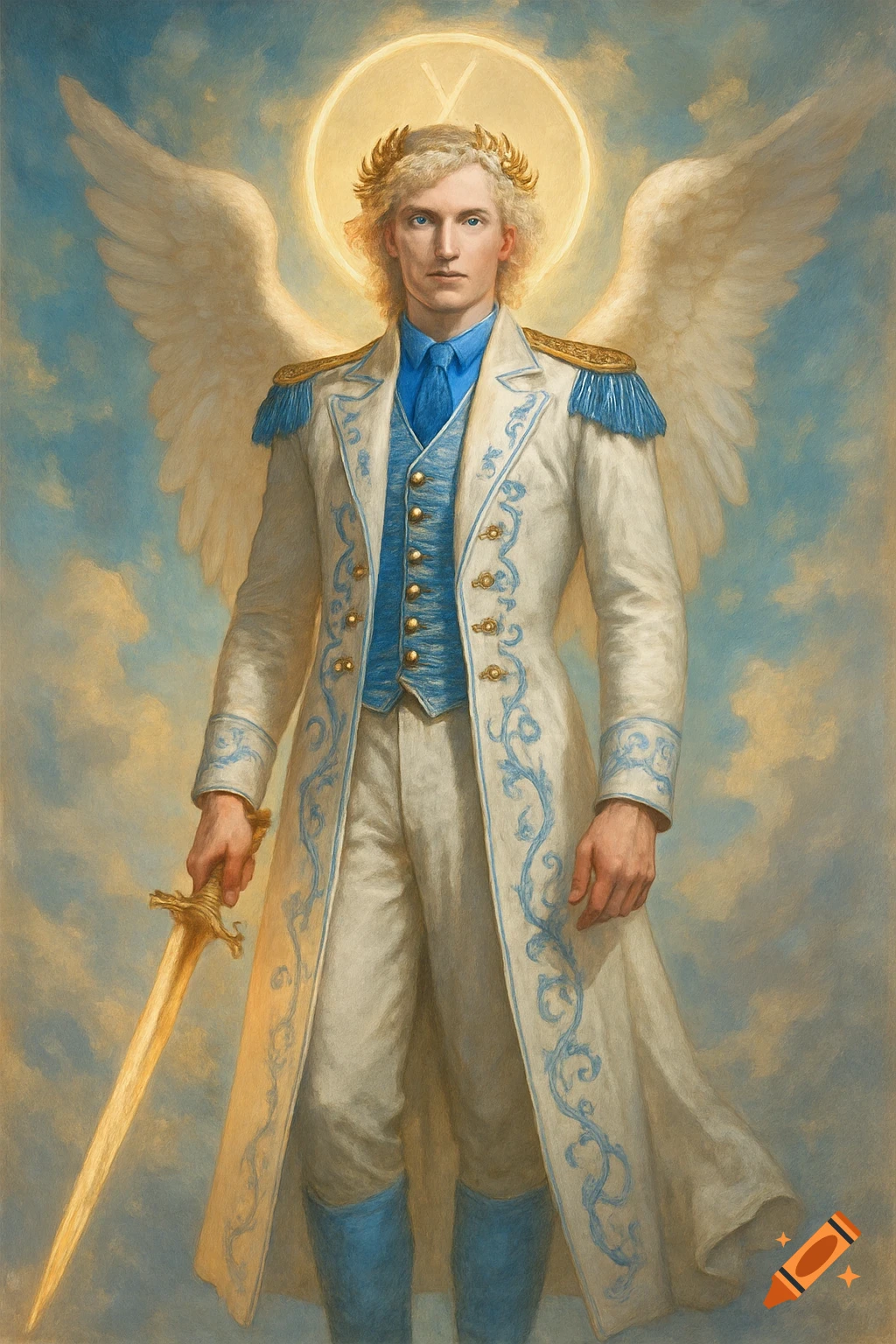 A blond angel in a white and blue military coat, with a golden halo and sword, stands against a cloudy sky in a painterly style.