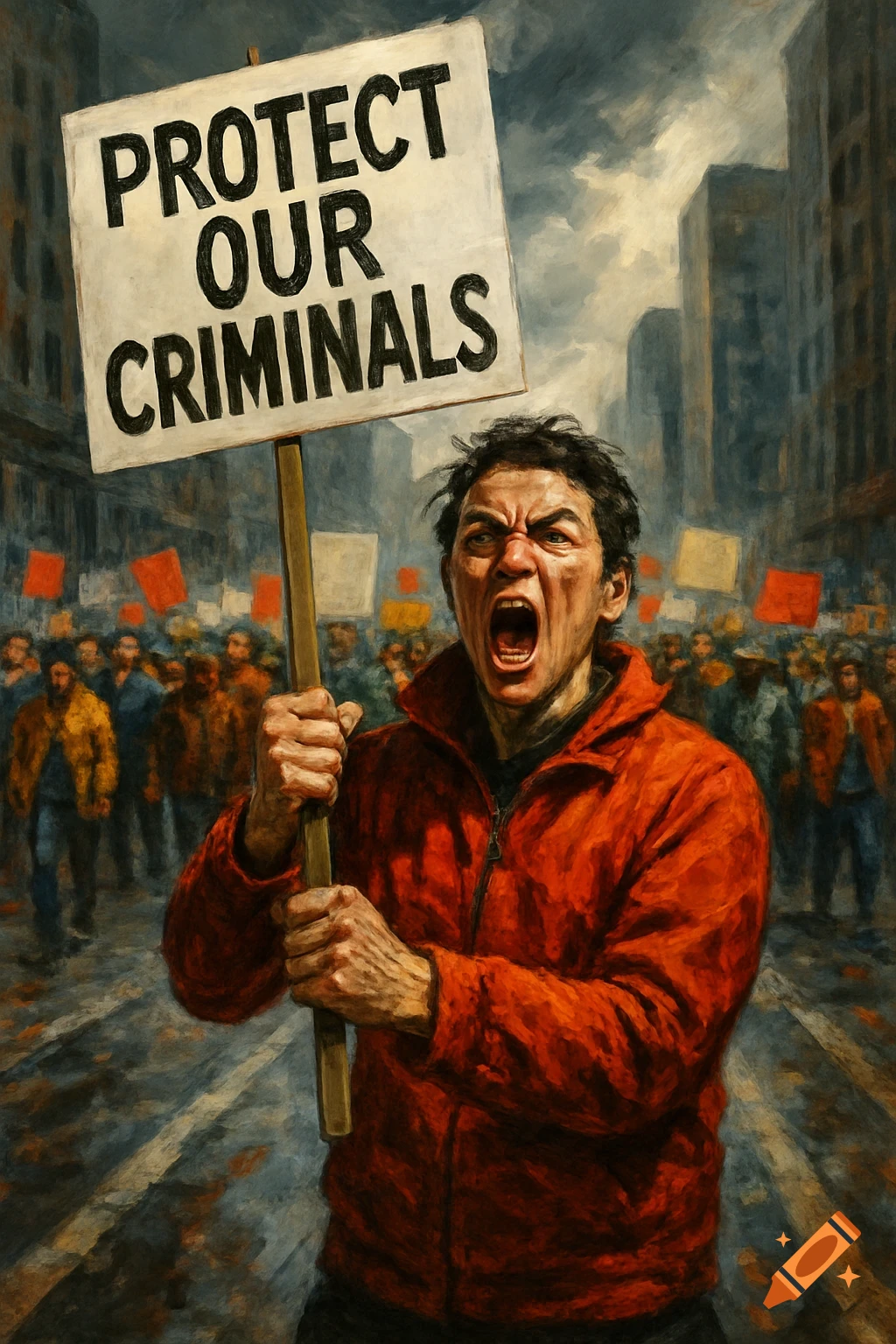 Angry protester in a red jacket shouts, holding a sign 'PROTECT OUR CRIMINALS' in a crowded city street protest, painterly style.