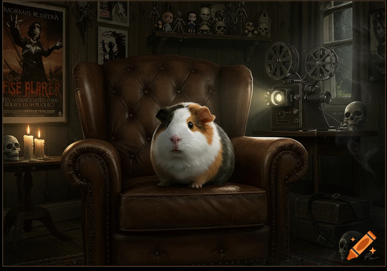 A tricolor guinea pig sits on a brown leather armchair in a dimly lit, horror-themed room with skulls, candles, and a film projector.