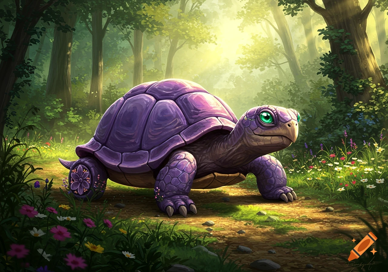 A vibrant purple turtle with green eyes and flower-decorated wheels walks on a path in a sun-dappled magical forest illustration.