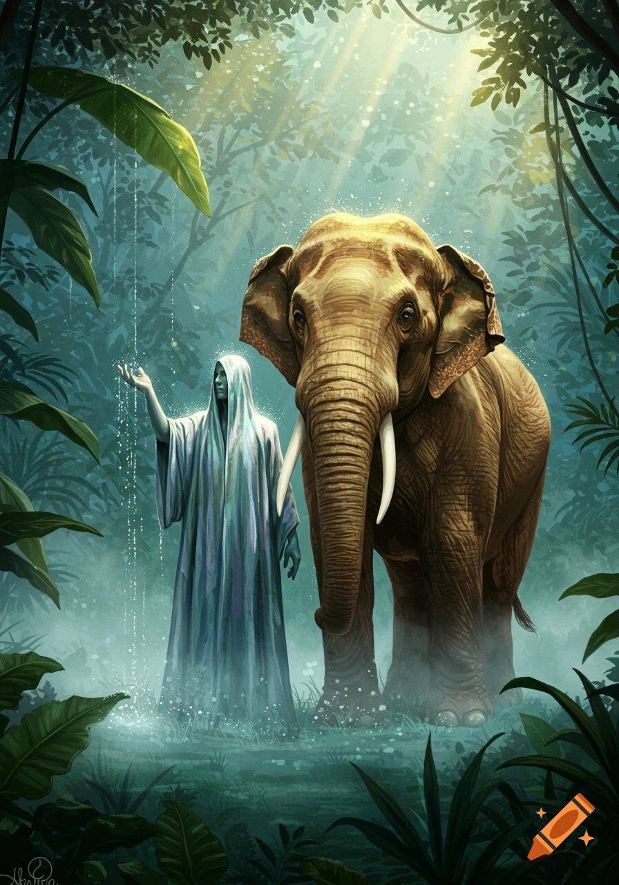 A ghostly, hooded figure creates sparkling rain next to a majestic elephant in a misty jungle.
