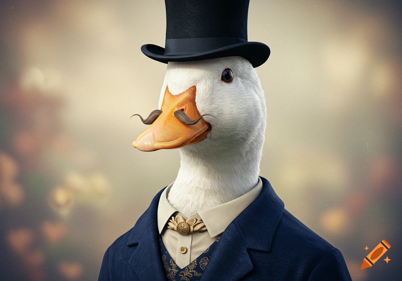 Close-up photorealistic portrait of a white duck wearing a top hat, a suit, and a curly mustache.