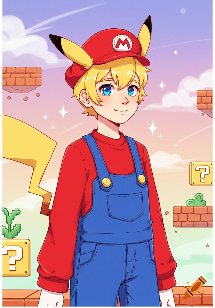 Anime boy with blonde hair, blue eyes, wearing a Mario hat with Pikachu ears, blue overalls, and a Pikachu tail in a Super Mario-like world.