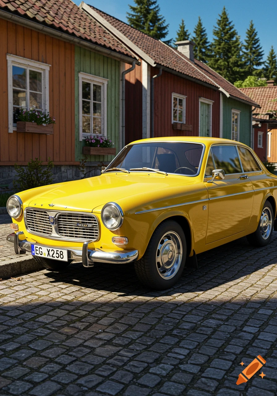 A bright yellow classic Volvo car is parked on a cobblestone street in front of several colorful wooden houses. Photorealistic style.