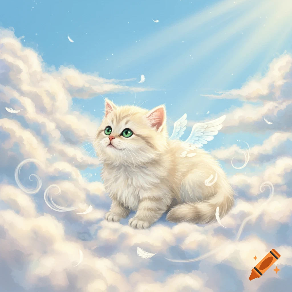 A fluffy cream kitten with bright green eyes and small white wings sits on a cloud under a blue sky with sun rays, digital art.