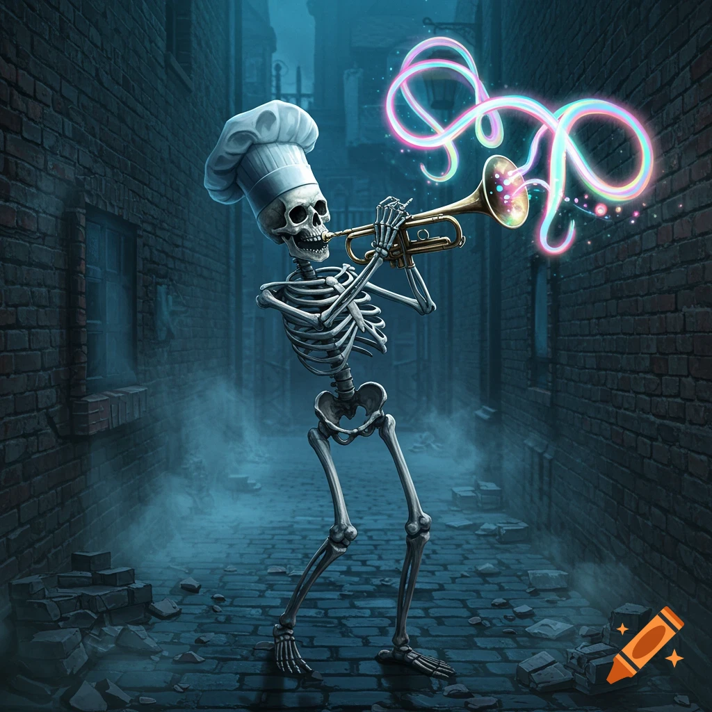A whimsical skeleton wearing a chef's hat plays a trumpet in a misty, dark alley, with glowing musical notes emanating from the instrument.