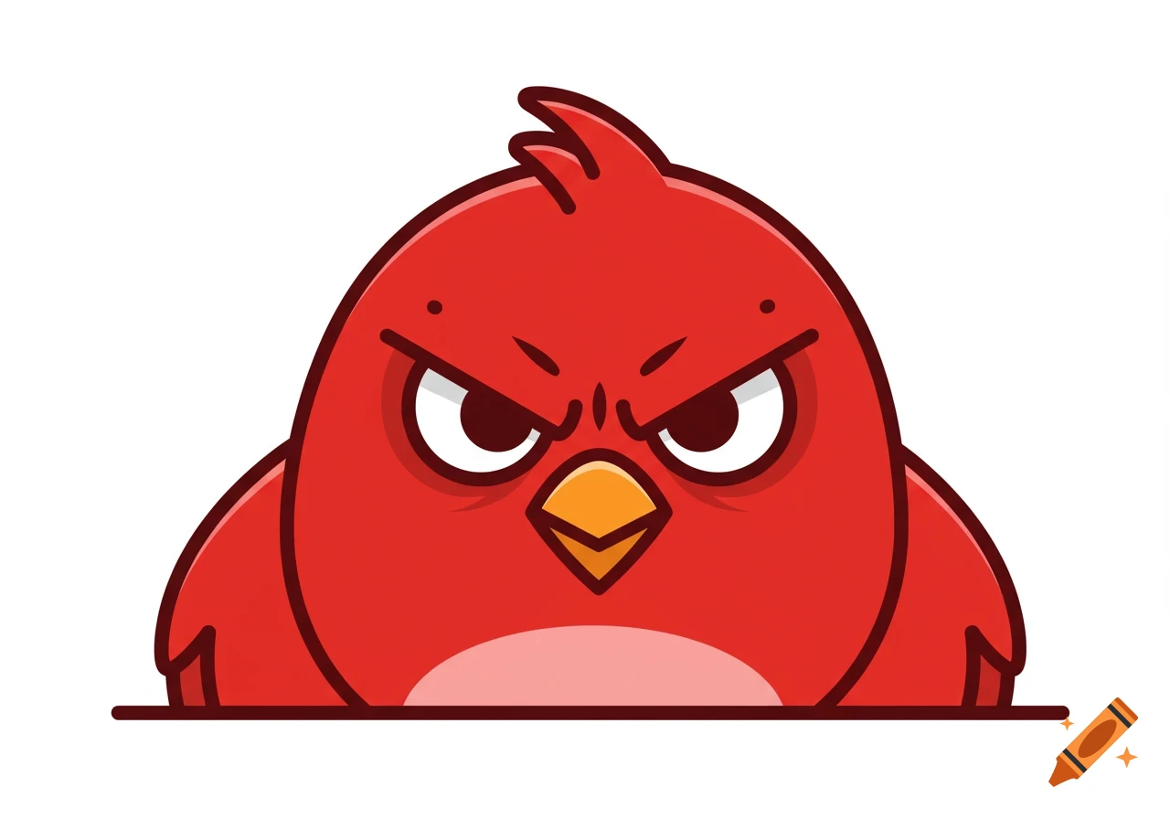 A front-facing, simply drawn, angry red cartoon bird with a yellow beak.
