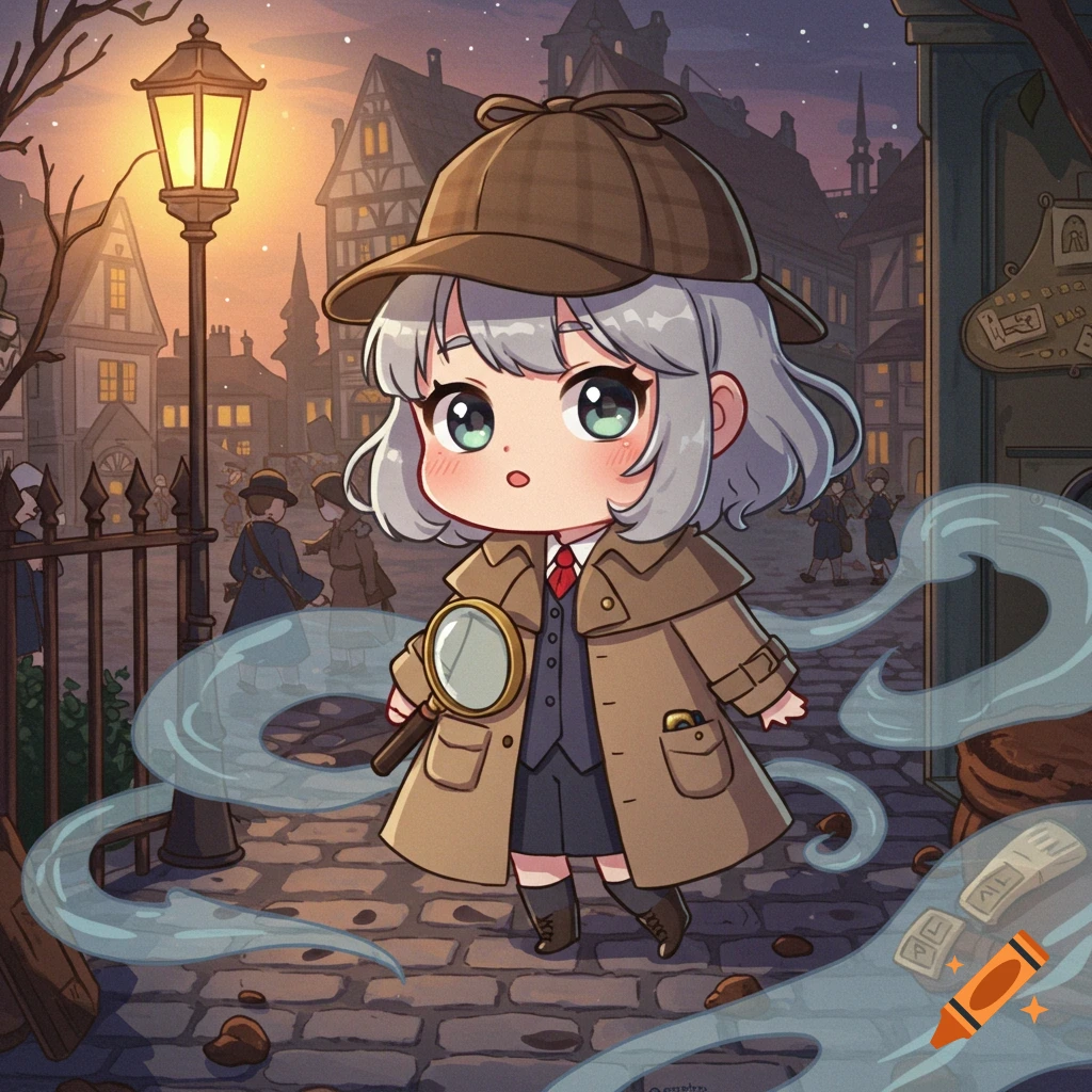 A cute chibi anime girl detective with grey hair, wearing a trench coat and deerstalker hat, holding a magnifying glass on a cobblestone street at dusk.