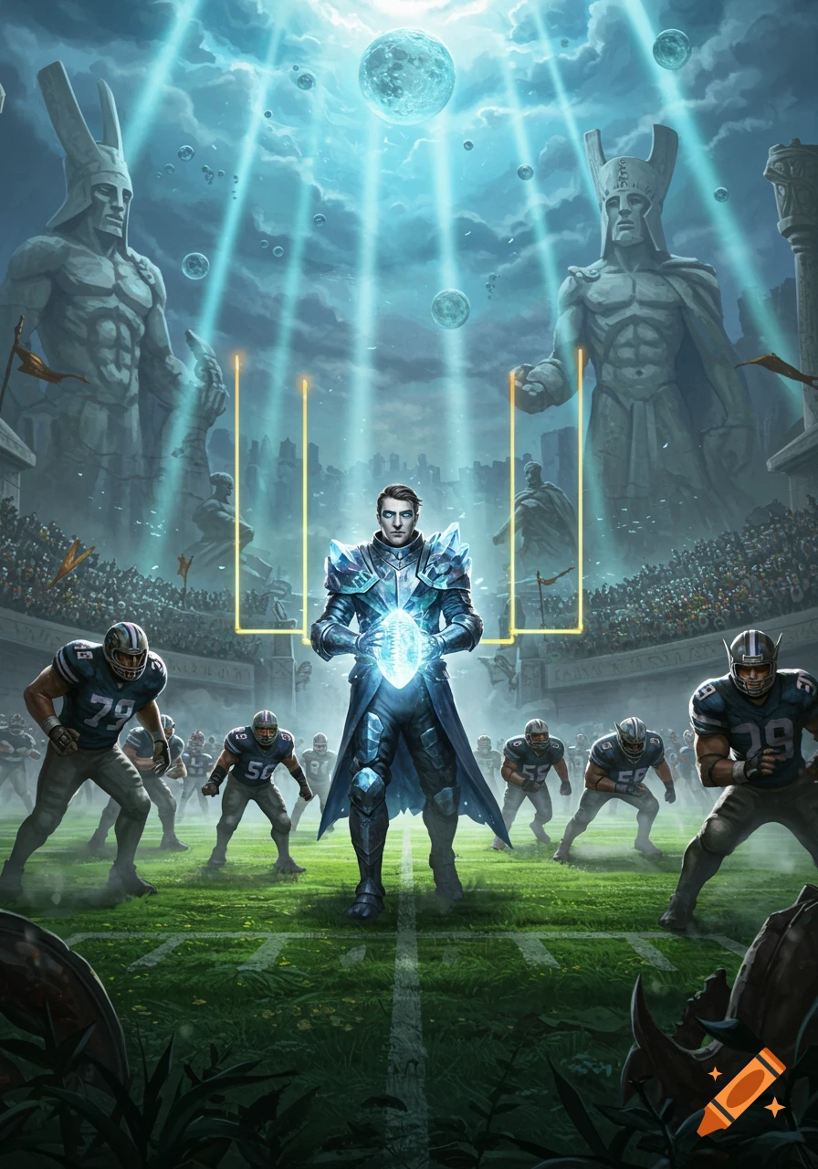 A fantasy football game with a magical figure holding a glowing ball, surrounded by players and colossal statues under a celestial sky.