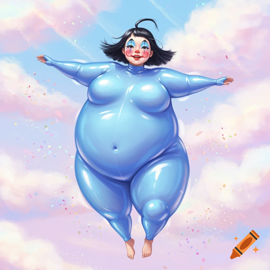 A cartoon inflated girl in a shiny blue fullsuit with clown makeup floats arms outstretched in a pastel sky with confetti.