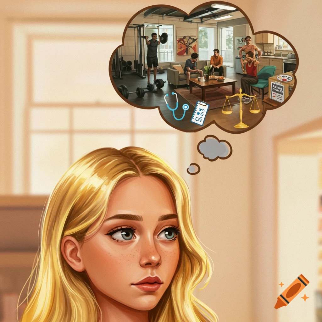 Illustration of a blonde girl with a thought bubble showing her dreams: exercising, spending time with friends, cooking, and symbols for medicine and law.