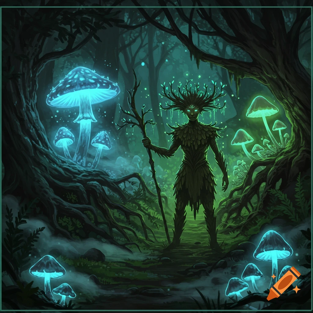 A dark fantasy forest scene with a leaflike elemental creature holding a staff, surrounded by glowing blue mushrooms and mystical mist.