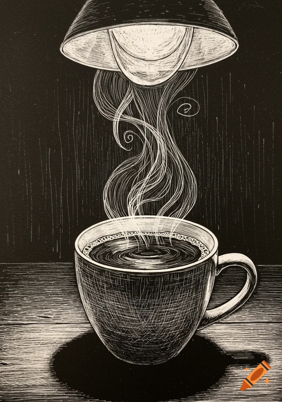 A scratchboard style illustration of a steaming cup of coffee on a wooden table under a lamp.