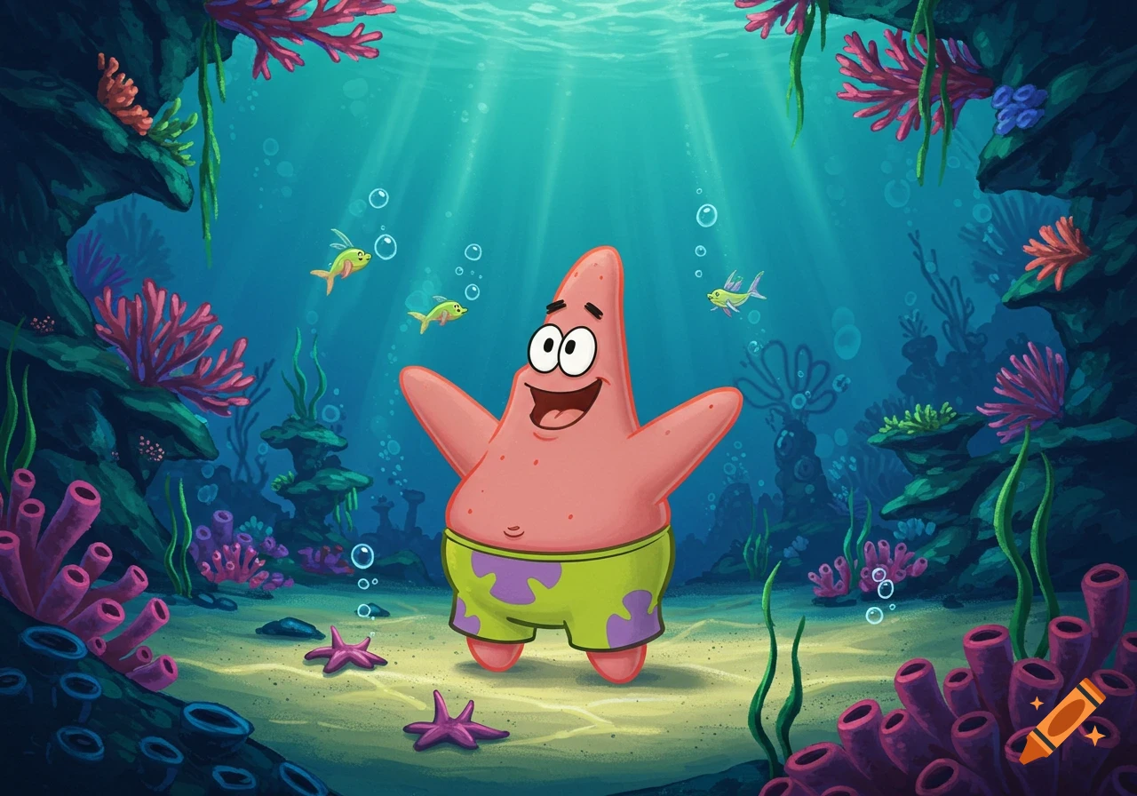 Patrick Star stands smiling with arms open in a vibrant cartoon underwater coral reef with fish and plants.