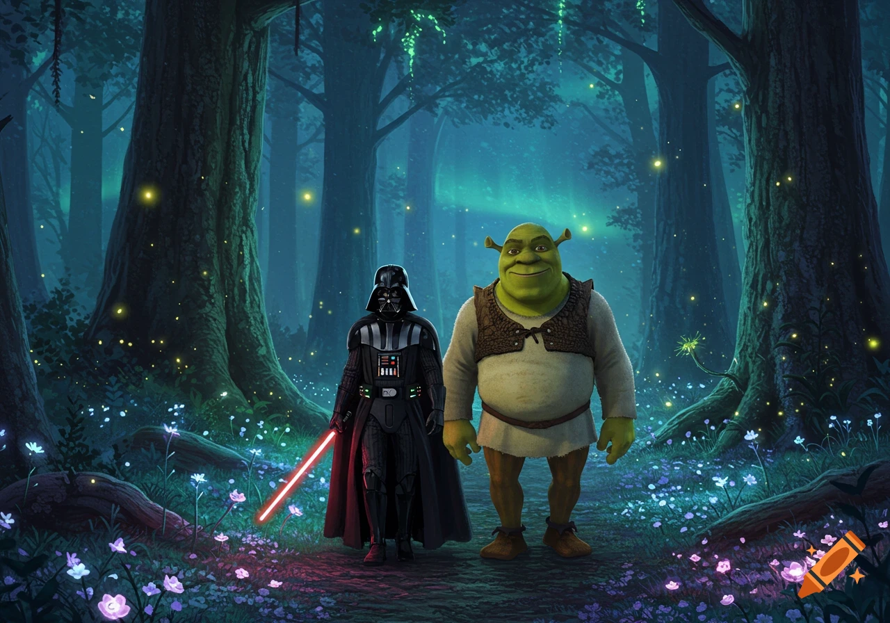 Darth Vader and Shrek walk side-by-side through a dark, enchanted forest lit by glowing fireflies and mystical flowers.