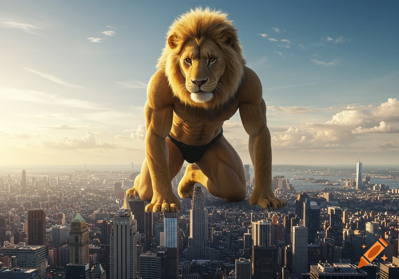 Gigantic photorealistic anthropomorphic lion in a speedo kneels over a sprawling city skyline at sunset.