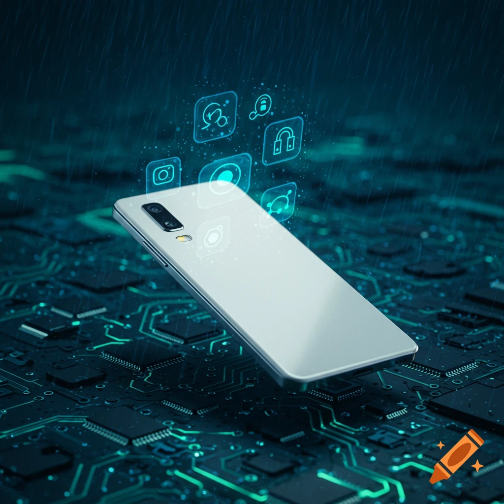White smartphone hovering over a glowing circuit board with blue digital icons and rain-like effects, in a futuristic style.