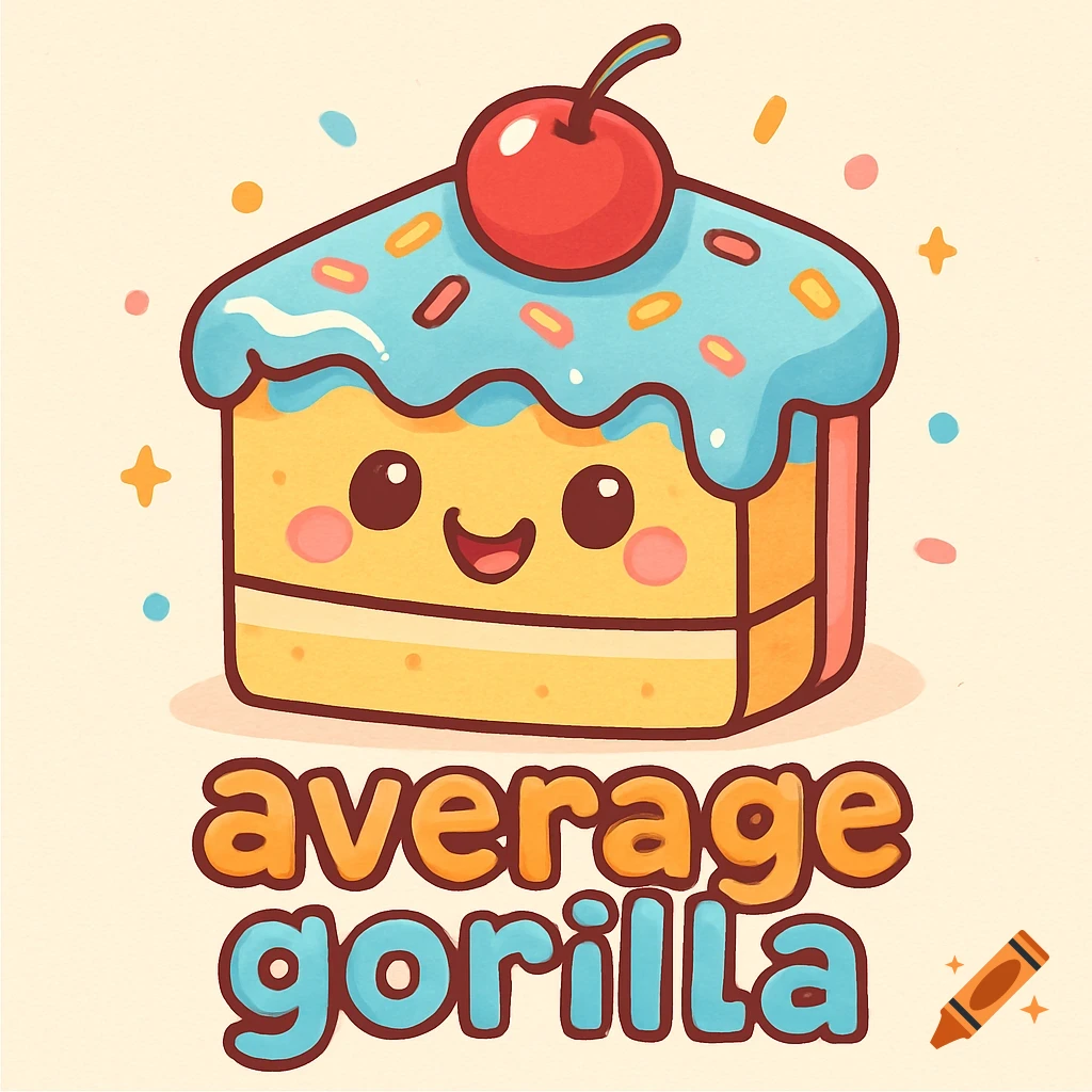 A cute cartoon slice of cake with blue icing, sprinkles, a cherry, and a happy face, with the words 'average gorilla' below it.