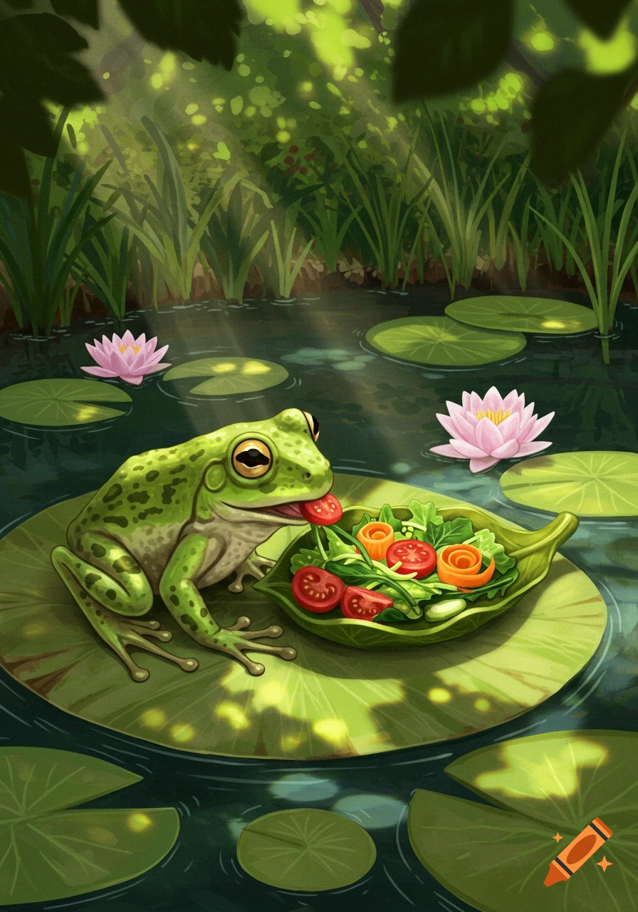 A green cartoon frog on a lily pad in a pond eats a salad from a leaf, with pink water lilies and lush plants.