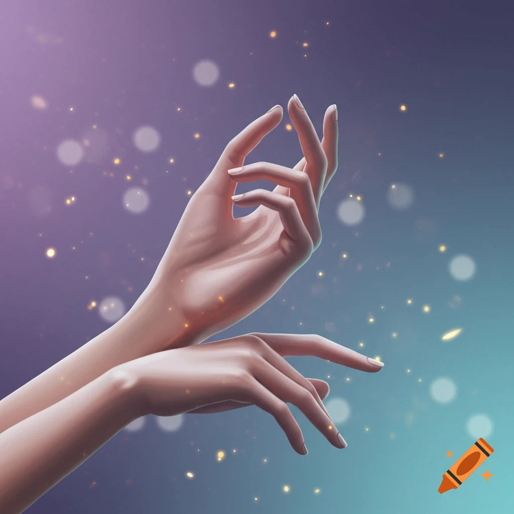Two graceful hands surrounded by glowing light particles against a purple and teal gradient background, artistic illustration.
