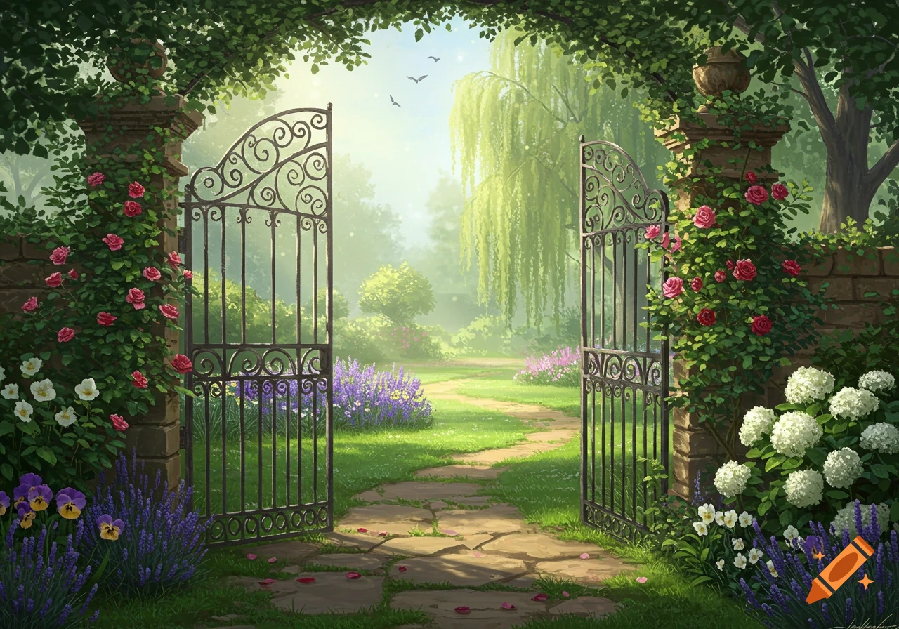 An open ornate iron gate invites viewers into a lush, sunlit English garden with a winding stone path, vibrant flowers, and a weeping willow tree.