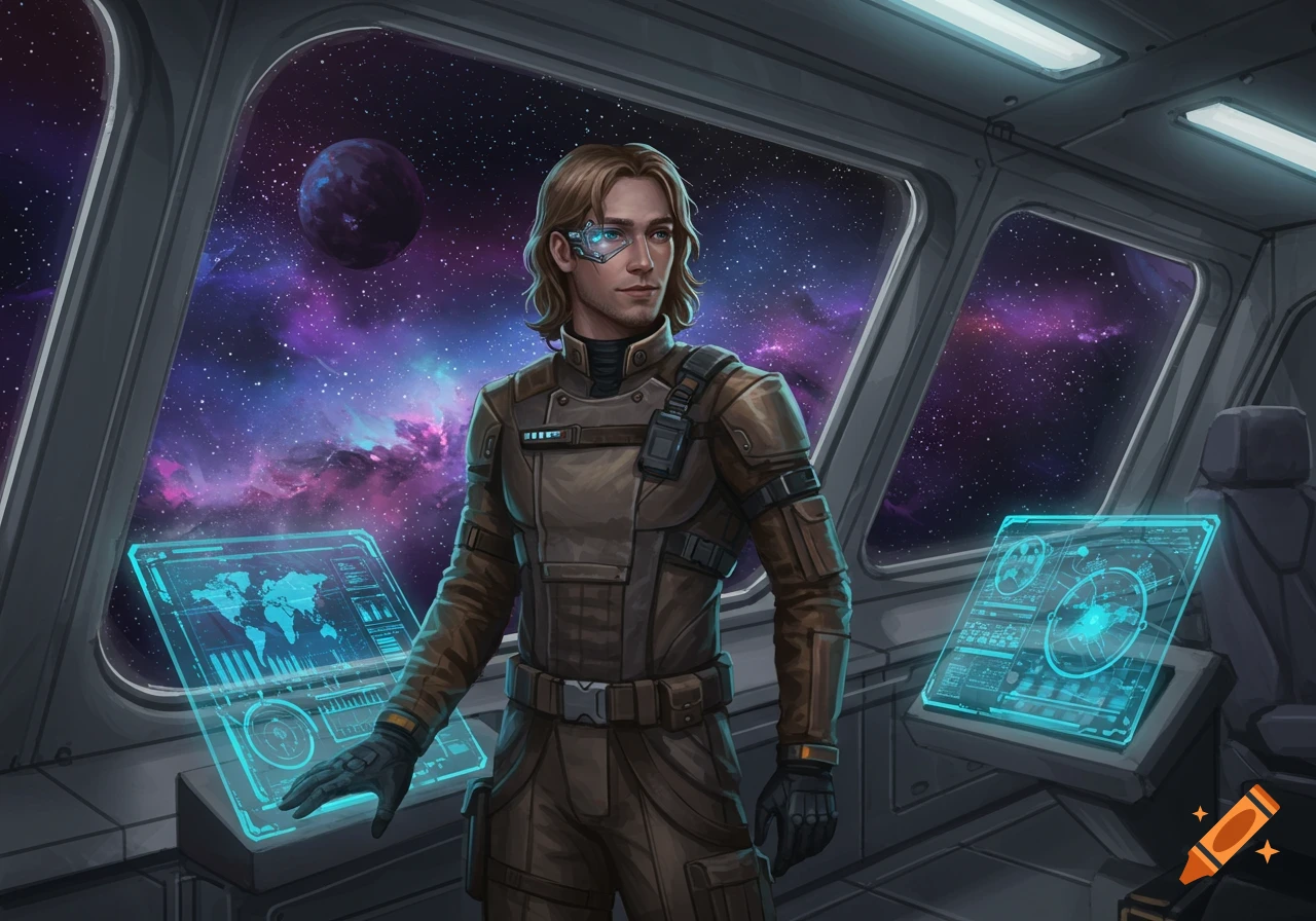 A male spacer with an augmented left eye in a brown uniform in a spaceship cockpit with holographic screens and a view of space.
