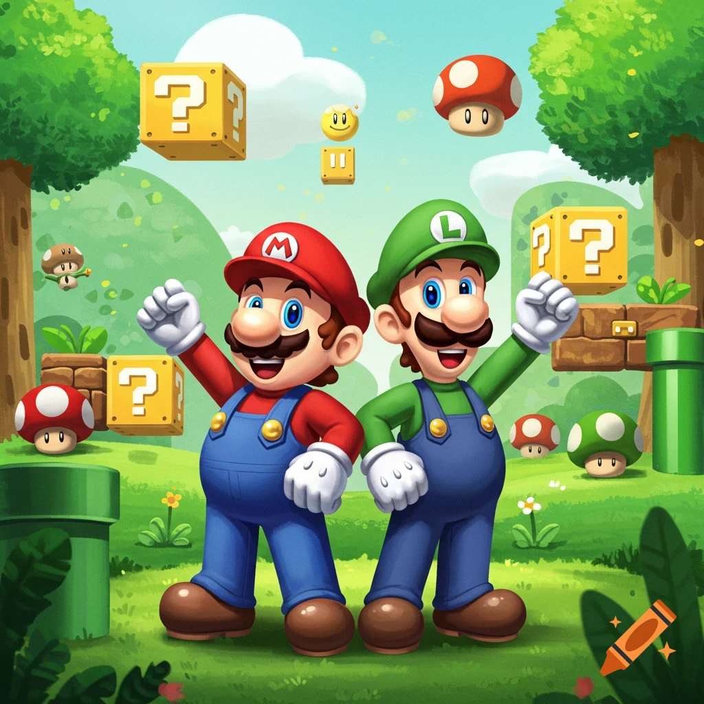 Mario and Luigi stand smiling in a colorful cartoon landscape with question blocks and mushrooms.