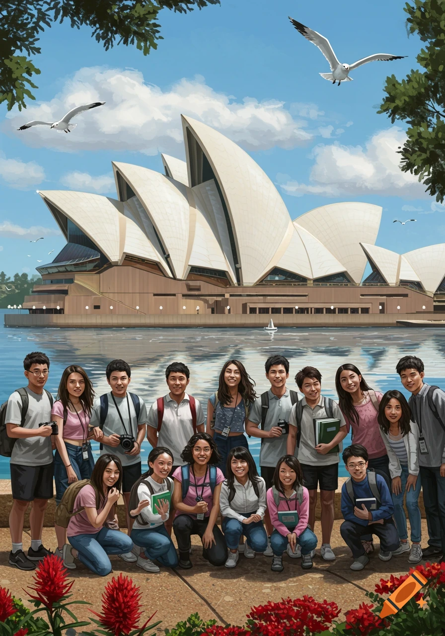 A large group of smiling Asian students poses in front of the iconic Sydney Opera House under a bright blue sky with seagulls flying overhead. Lush red flowers frame the bottom of the vibrant, illustrative scene.