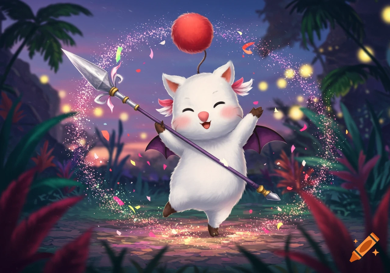 A cute, fluffy white Moogle with purple bat wings dances joyfully, holding a spear, amidst sparkles and confetti in a whimsical jungle.