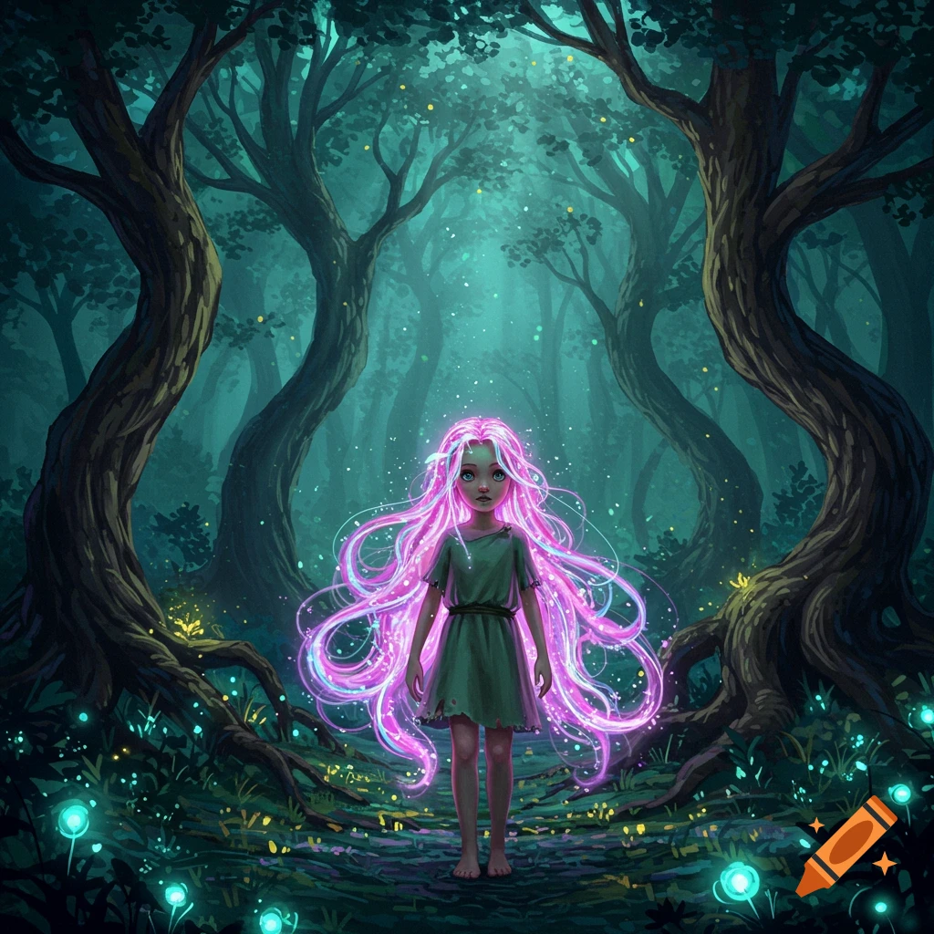 A stylized young girl with long, glowing pink hair stands in a dark, mystical forest with glowing plants and trees, in a digital art style.