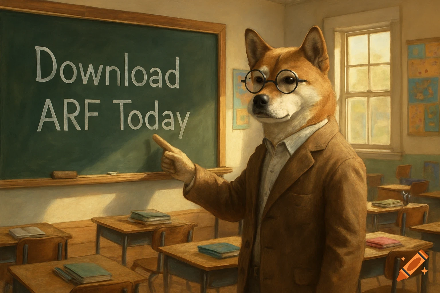 A wise Shiba Inu dog teacher in glasses points to a chalkboard that reads 'Download ARF Today' in an empty classroom, realistic style.