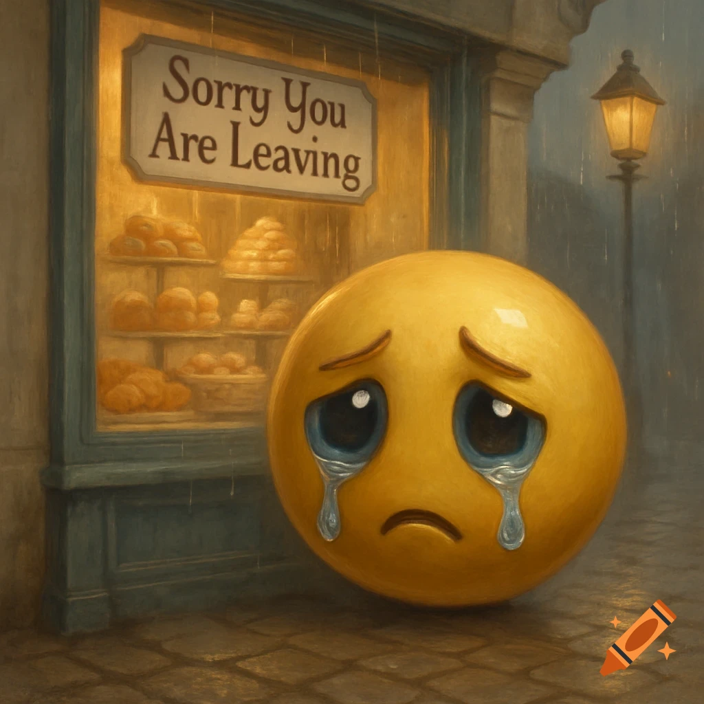 A crying yellow emoji sits on a cobblestone street in the rain outside a bakery with a 'Sorry You Are Leaving' sign in the window.