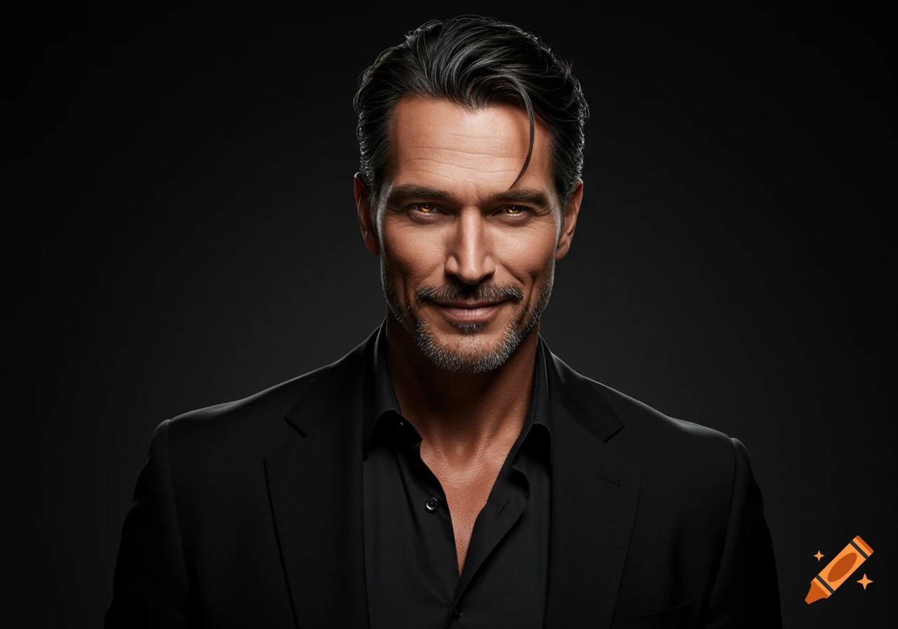 Photorealistic portrait of a handsome man with dark hair, a beard, and glowing yellow eyes, wearing a black suit and shirt, smiling.