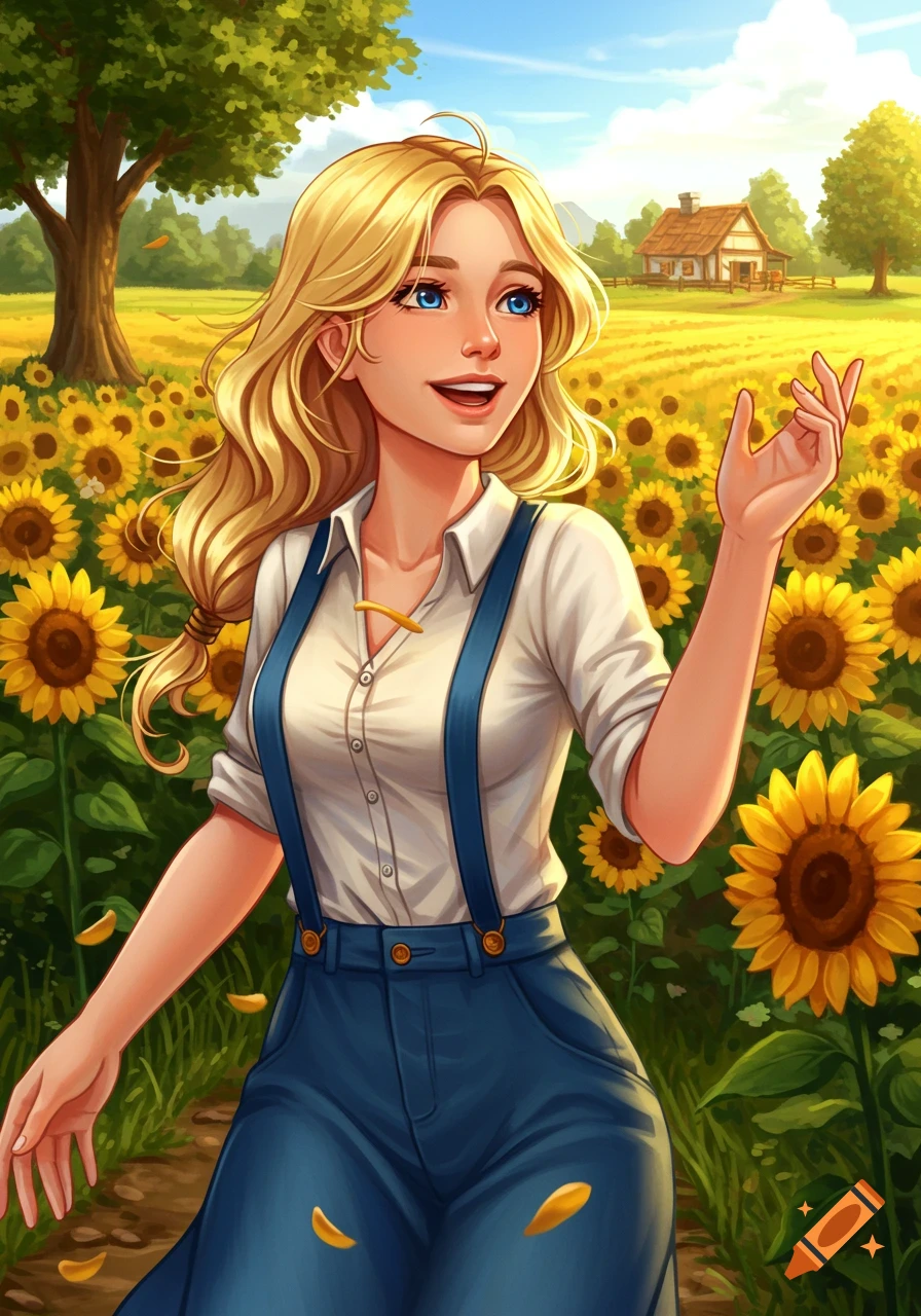 A smiling blonde woman in overalls stands in a vibrant sunflower field with a distant farmhouse, rendered in a colorful illustration style.