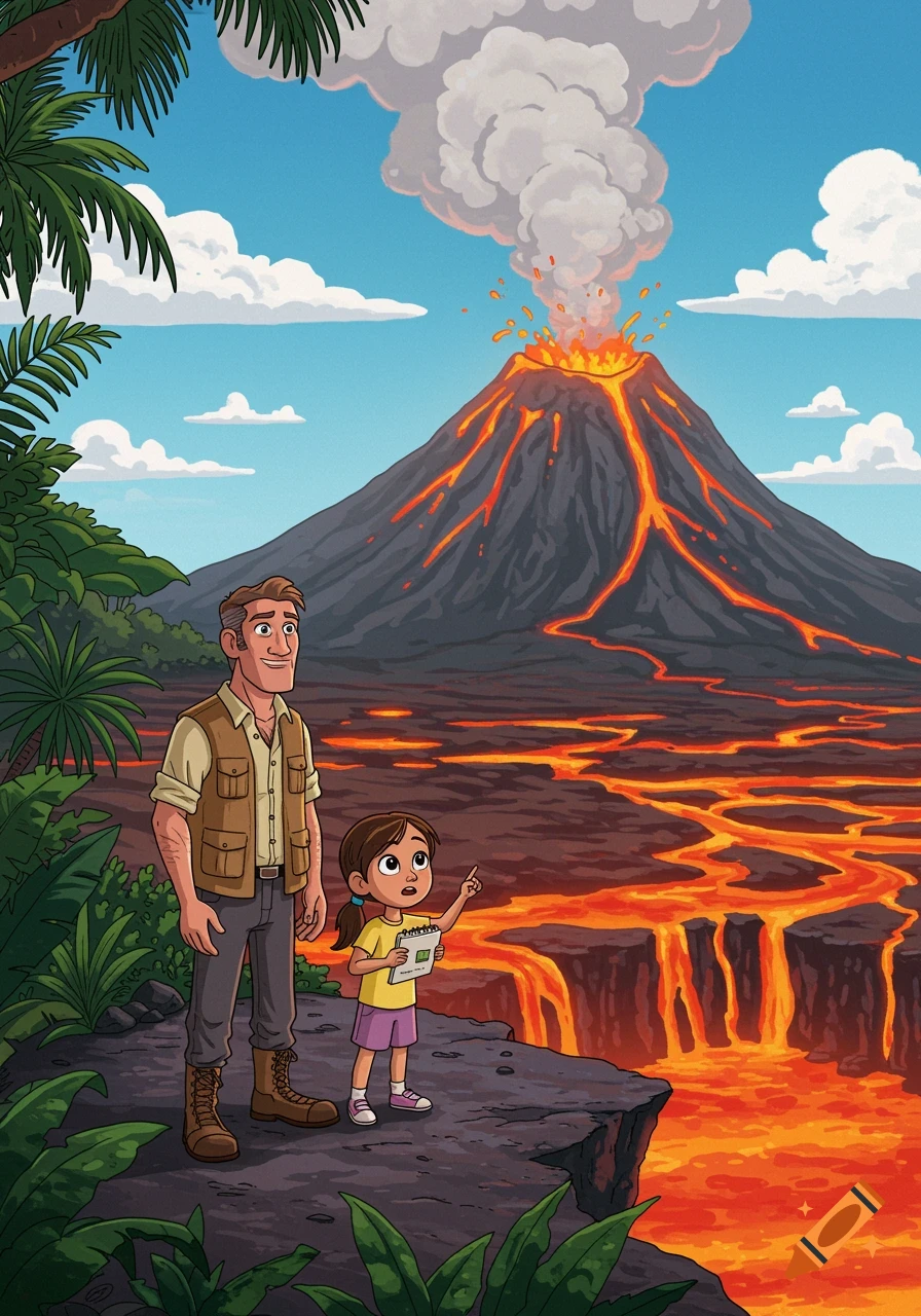 A cartoon man and girl stand on a cliff, looking at an erupting volcano with flowing lava in a jungle setting.