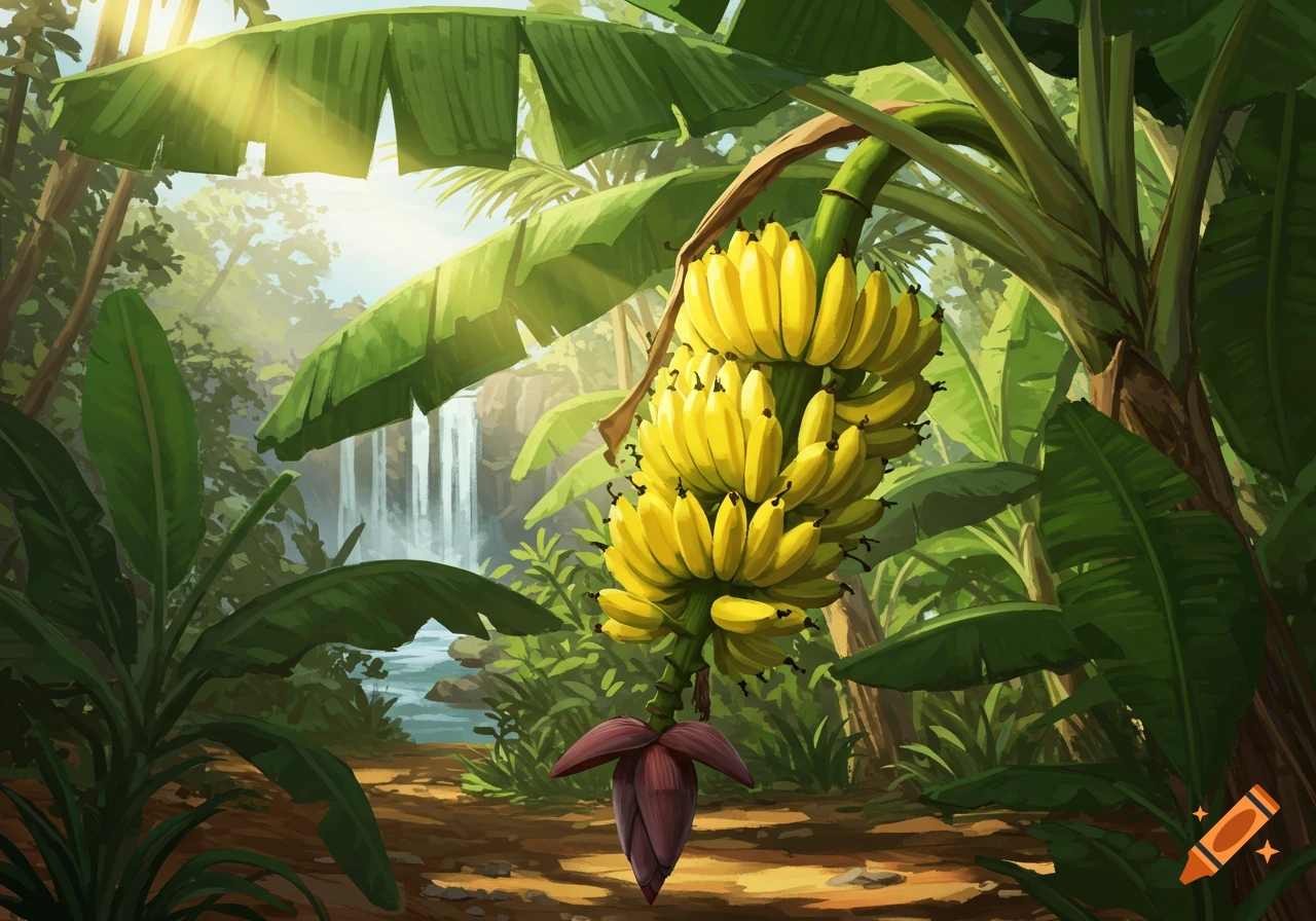 An illustration of a ripe banana bunch on a tree in a vibrant jungle with a waterfall and sun rays filtering through leaves.