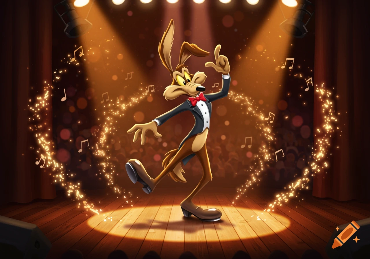 Wile E. Coyote tap dancing on a lit stage with musical notes and sparkling effects.