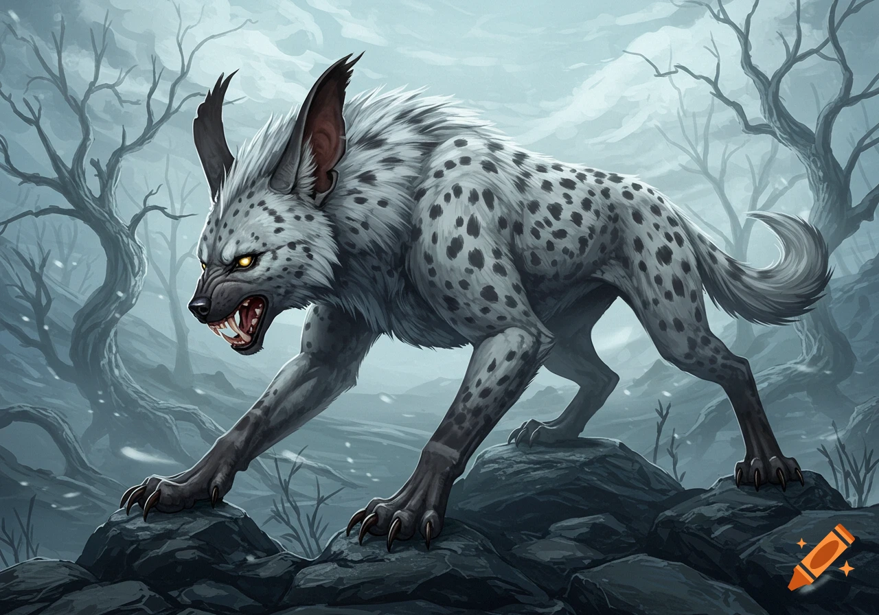 A snarling, spotted hyena-like creature with yellow eyes and long claws crouches on rocks in a misty, barren forest, digital art.