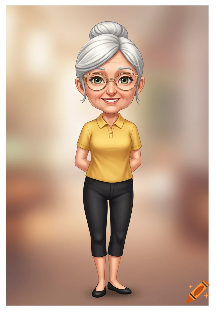 A cute smiling cartoon grandma with grey hair in a bun and glasses, wearing a yellow polo shirt, black capri pants, and black flat shoes, standing facing the camera.