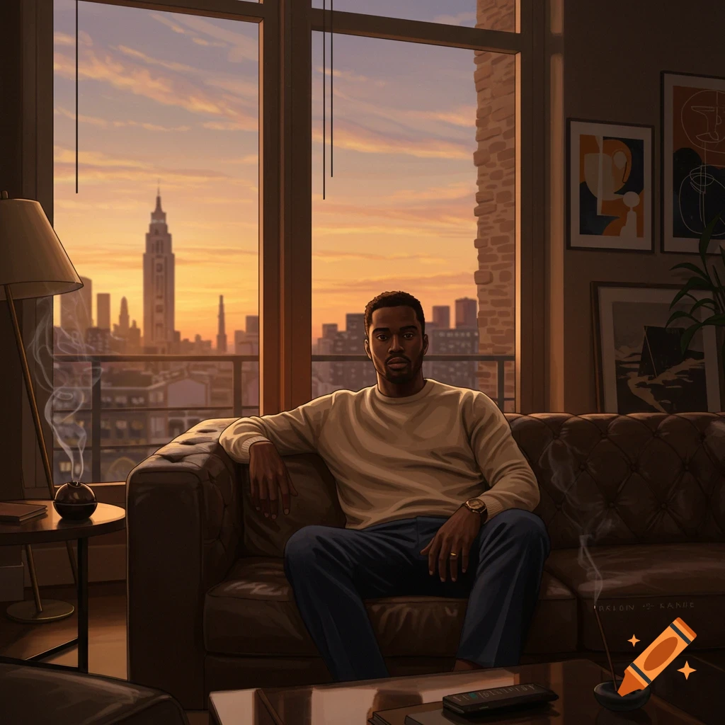 A Black man sits on a brown leather couch in a modern apartment, overlooking a city skyline at sunset. Digital illustration.