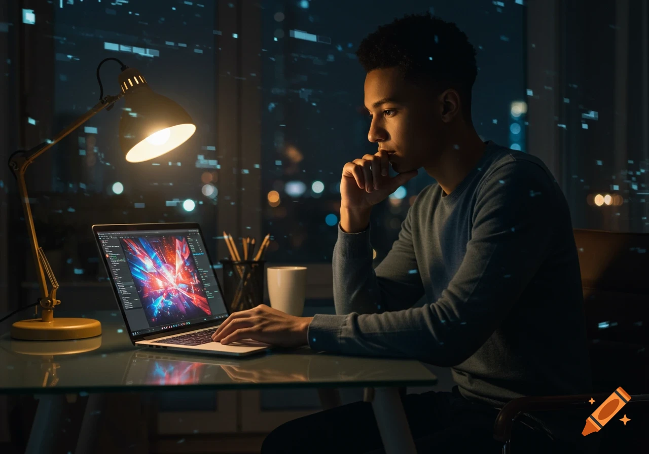 A young man sits thoughtfully at a desk in a dark room, working on a laptop with abstract digital art on the screen, city lights blurred in the background.